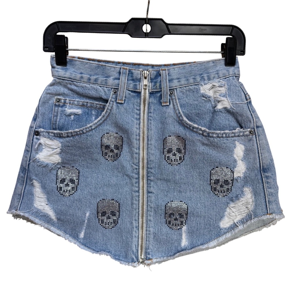 Carmar Y2K Denim Skirt S Distressed Rhinestone Skull Festival Fairy Grunge